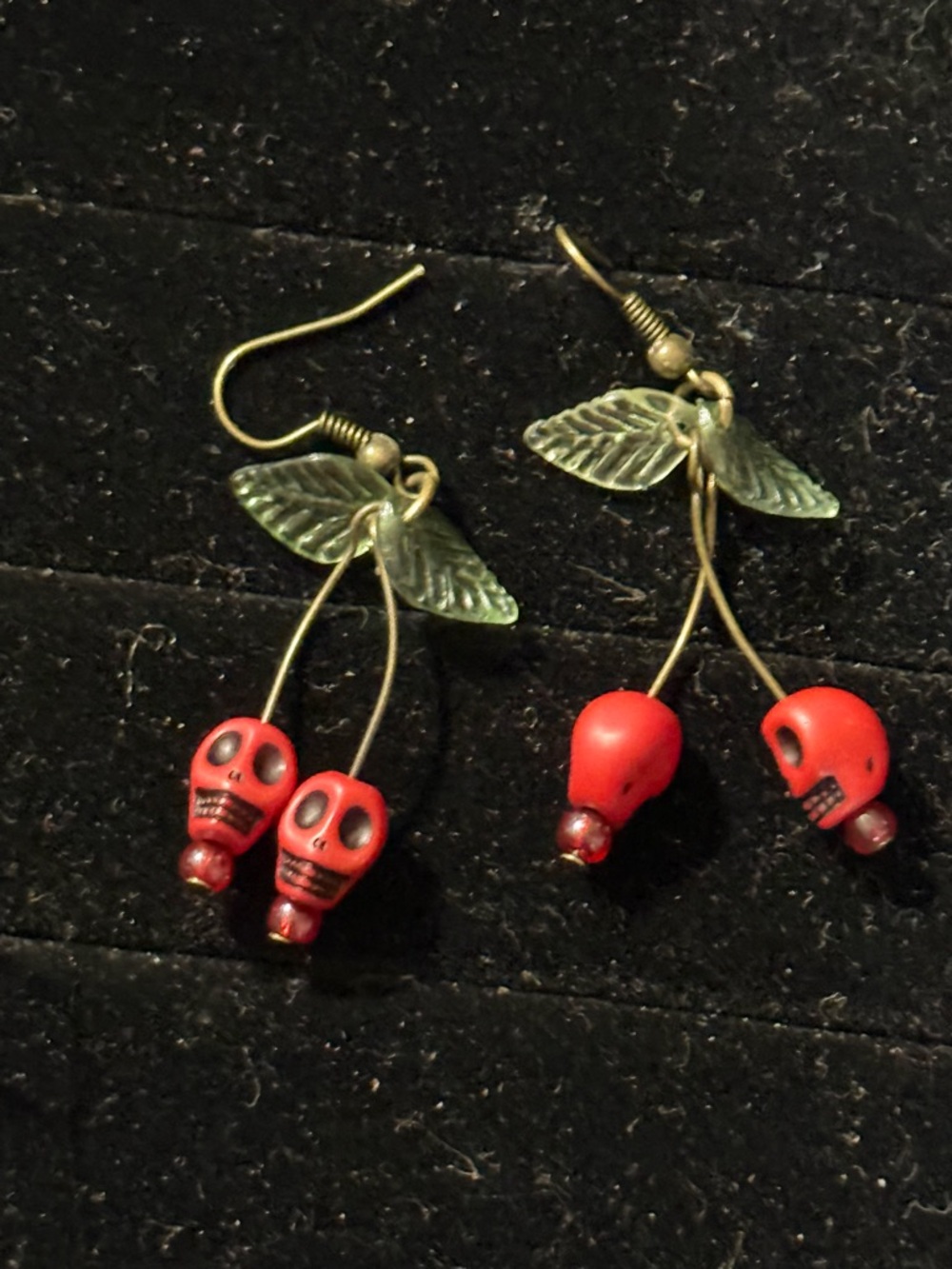 Red Skull Cherry Drop Earrings with Antique Gold Posts & Acrylic Leaves